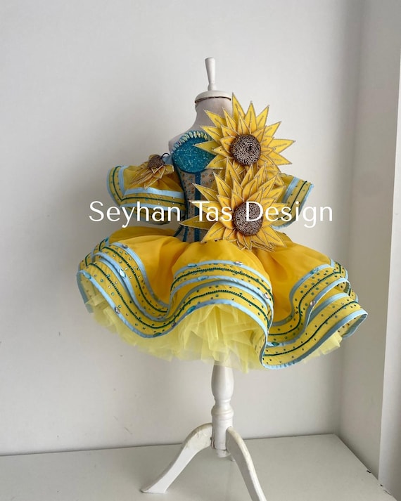 blue and yellow sunflower dress Handmade Luxury Sunflower Girl Dress Yellow Blue Sparkly Party Gown for Birthday or Pageant