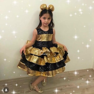 Sparkly Black and Gold Sequin Bee Costume for Girls - Bumblebee Birthday Dress with Ruffles and Headband, Queen Bee Costume, Bee Dress girls