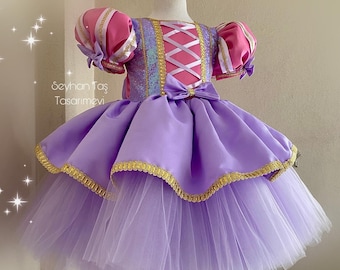 Rapunzel-Inspired Girls’ Costume Dress - Toddler and Baby Princess Outfit - Long Tulle Skirt - Sparkly Bodice -Handmade Birthday Party Dress