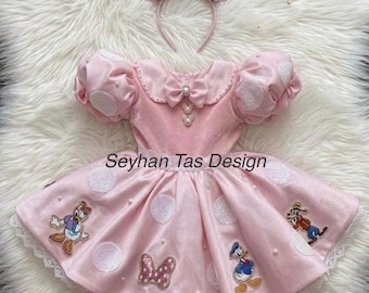 Pink Polka Dot Birthday Dress, Daisy & Minnie Inspired Baby Outfit, Party Costume