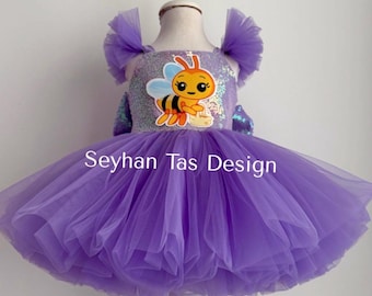 Vestido de fiesta de abeja para niñas – Conjunto de tul lila brillante y lentejuelas