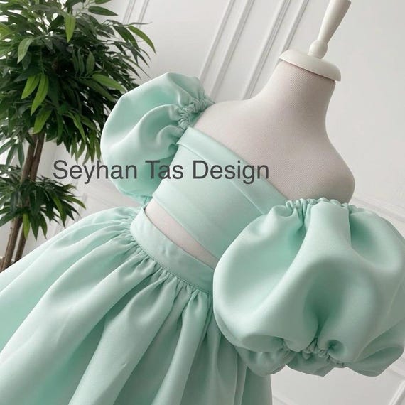 Mint Green Puffy Sleeve Princess Dress, Toddler Birthday Flower Girl Outfit
