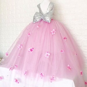 Pink Princess Tulle Dress: Silver Sequin Bodice, 3D Flower Appliques