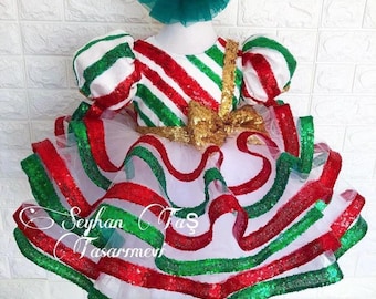 Red Green and Gold Sparkly Christmas Dress for Girls with Candy Cane Design