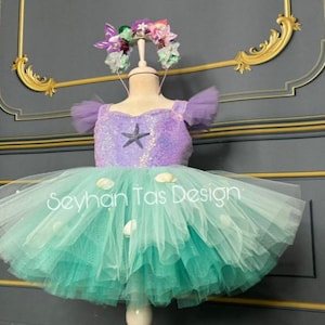 Mermaid Princess Girl’s Dress – Purple & Aqua Tulle Birthday Dress with Seashell Details – Ocean Fairy Costume – Toddler Party Dress