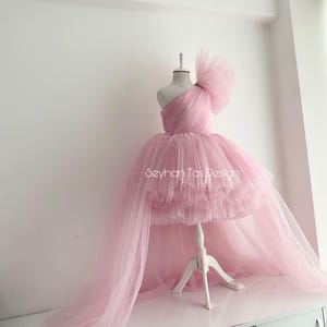 Pink Tulle One Shoulder Girl Dress with Detachable Train - Birthday Gown - Princess Dress for Girls - Couture Handmade Dress, Girl’s Dress