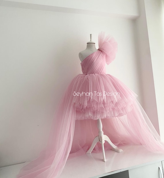 Pink Tulle One-Shoulder Girl's Dress: Handmade Couture Birthday Gown with  Detachable Train