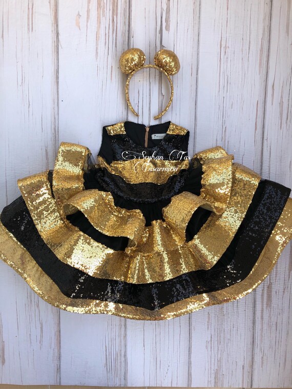 black dress with gold bees Girls' Sequin Bee Costume: & Birthday Headband CELEB-STYLE