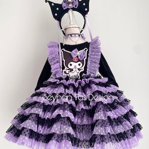 Kuromi-Inspired Girl’s Dress - Purple and Black Layered Tulle Skirt with Unique Custom Headpiece, Perfect Birthday or Party Outfit, Kawaii