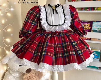 Robe fille écossaise rouge avec col en dentelle et nœud assorti pour les cheveux