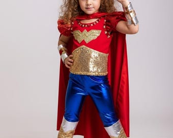 Girls Red Superhero Costume – Gold Sequin Top Blue Pants and Red Cape Set