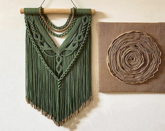 Green Macrame Wall Hanging: Boho Woven Tapestry, Pine Branch Decor