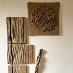 Set of 2 Jute wabi sabi wall art, Neutral minimal japandi home decor, Unique Boho Minimalist wall decor, Over the bed bohemian wall painting