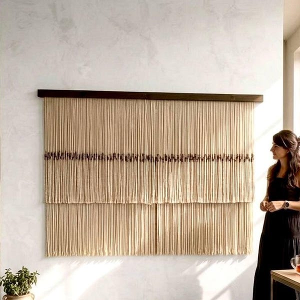 Minimalist Macrame Wall Hanging, Handmade Cotton Jute Fiber Art, Boho Fringe Wall Decor,  Natural Wabi-Sabi Textile Art, Japandi wall decor