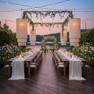 May include: An outdoor wedding reception setup with long wooden tables, white linens, and floral centerpieces. Overhead, string lights and large, tiered pendant lamps illuminate the scene. A floral arch and lush greenery frame a lake view.