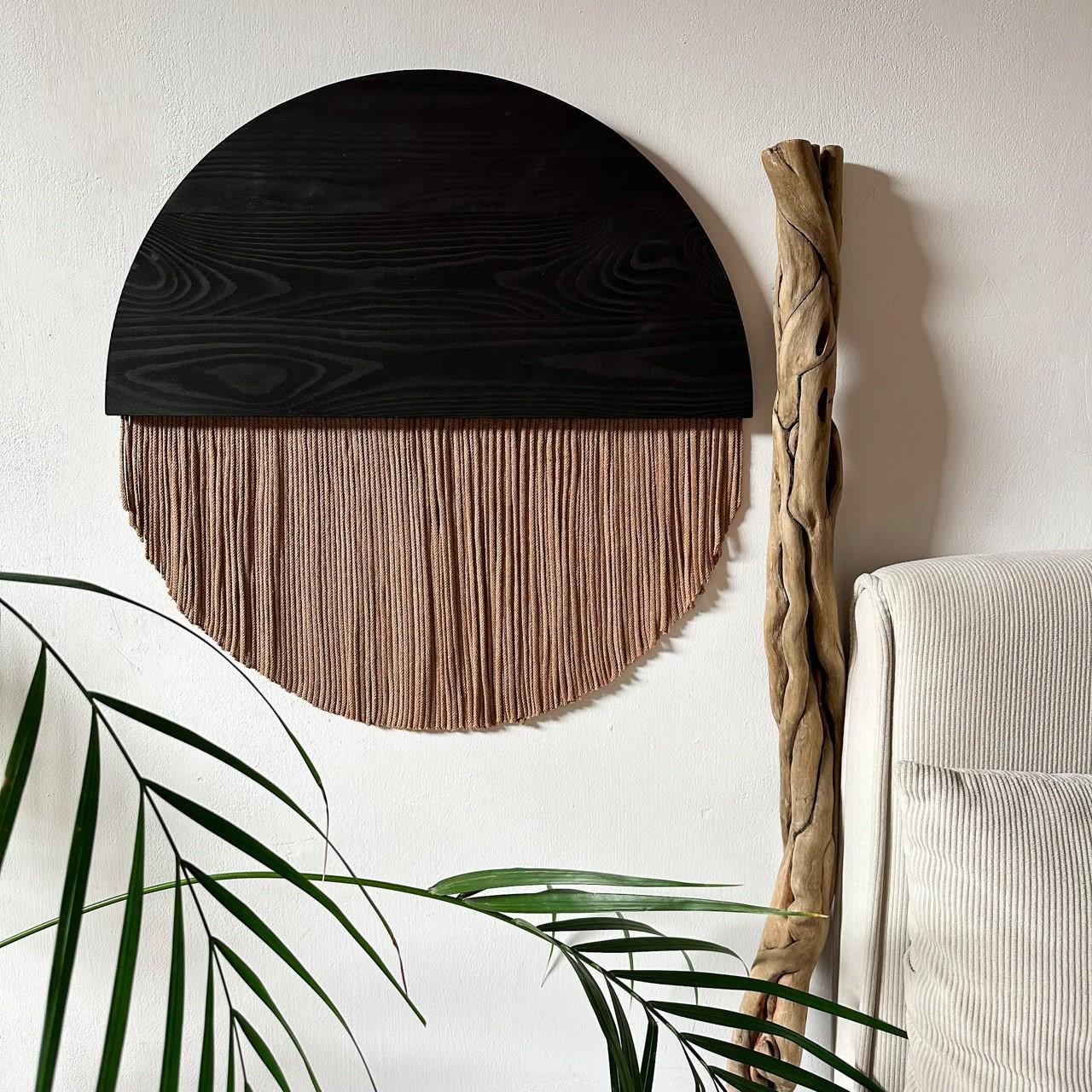 Macrame Wall Hanging: Half Moon Wood & Textile Art, Japandi Decor