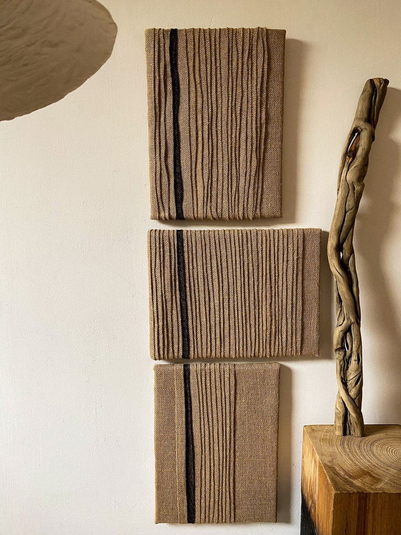 Set of 3 Jute Wabi Sabi Wall Art, Jute Minimalist Wall Art, Neutral