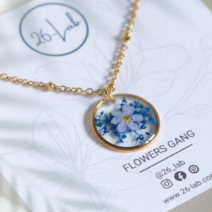 Collana myosotis pizzo della regina Anna non ti scordar di me resina fiori veri pressati collana