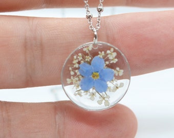 Collana myosotis pizzo della regina Anna non ti scordar di me resina fiori veri pressati