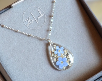 Collana myosotis pizzo della regina Anna non ti scordar di me resina fiori veri pressati