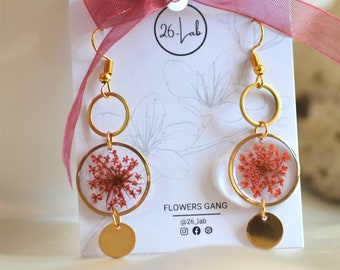 Boucles d'oreilles avec vraies fleurs rouges, bijoux en résine et fleurs séchées, cadeau pour femme, anniversaire, bijoux mariage, bijoux femme