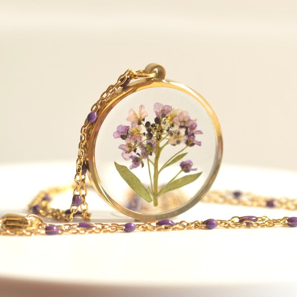 Resin necklace with real purple Alyssum flowers and handcrafted chain with colored beads