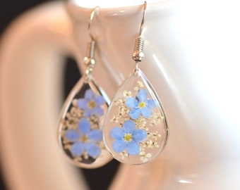 Boucles d'oreilles pendantes myosotis avec de vraies fleurs pressées, couleur argent, boucles d'oreilles florales délicates en acier inoxydable