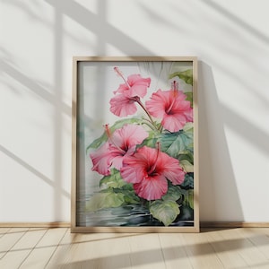 Pink Hibiscus Watercolor Painting, Floral Wall Art for Home & Office Decor