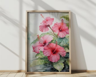 Roze Hibiscus aquarel schilderij, bloemenmuurkunst voor thuis- en kantoordecoratie