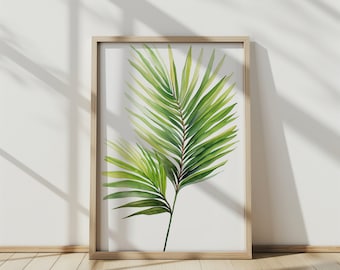 Impresión de arte de pared de hoja de palma de acuarela: decoración boho tropical para sala de estar, dormitorio u oficina - Obra de arte de la selva botánica