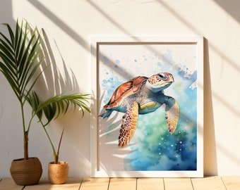 Green Sea Turtle Watercolor Art Print, Marine Life Wall Decor, Beach Home Decor, Ocean Animal Painting, Sea Turtle Gift