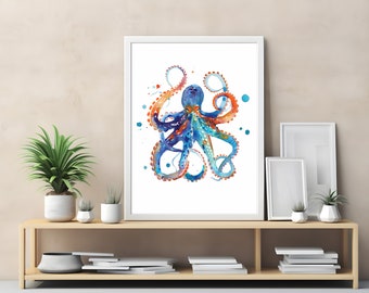 Impresión de acuarela de pulpo, decoración de arte oceánico, ilustración de vida marina, arte de pared costera, pintura náutica, obras de arte de criaturas marinas