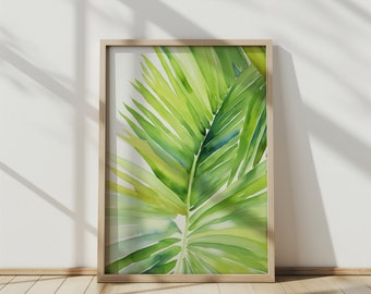 Impresión de acuarela de hoja de palma, arte de pared botánico tropical, pintura de hoja verde, decoración de la naturaleza, decoración del hogar de la selva, regalo para amantes de las plantas