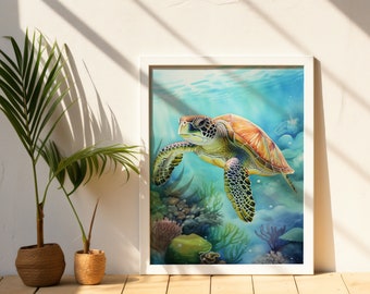 Sea Turtle Watercolor Art Print | Ocean Wall Decor, Beach Theme, Coastal Home Decor, Marine Life Gift, Underwater Painting