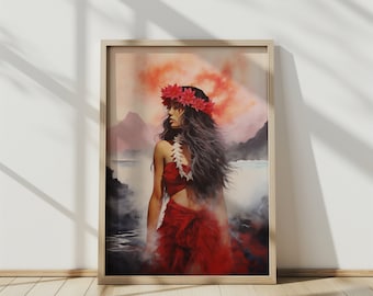ハワイ火山の女神ペレの水彩画アートプリント - ハワイの神々の室内