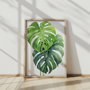 Monstera Blatt Aquarell Kunst - Botanische Wanddekoration, Grüne Pflanzen Malerei, Von der Natur inspirierte Kunst für Wohnzimmer & Schlafzimmer