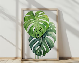 Monstera Leaf Watercolor Art - Botanical Wall Decor, Green Plant Painting, Nature-Inspired Home Artwork for Living Room & Bedroom