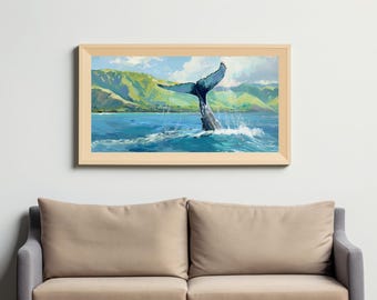 ハワイの海に浮かぶザトウクジラの油絵 | 沿岸の室内装飾、海洋アート、航海用ウォールアート、自然愛好家へのギフト