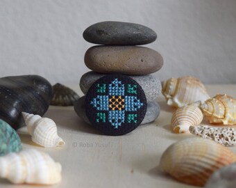 Palestinian Embroidery Pinback Button  -  Blue Flower Tile Motif