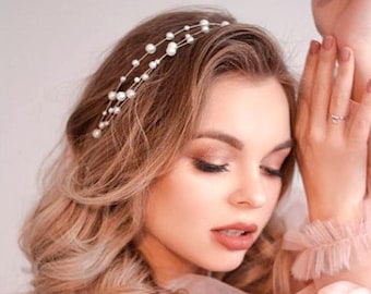 Diadema nupcial Diadema de boda Diadema de perlas Pieza de pelo nupcial Tocado de novia Tocado de boda Accesorios para el cabello Enredadera de pelo nupcial