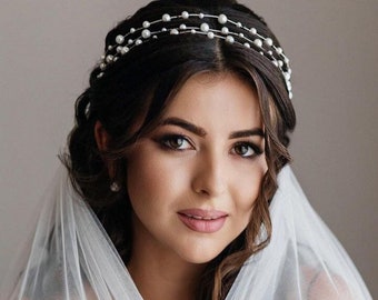 Minimalist Pearl Bridal Headband - Elegant Wedding Hair Vine