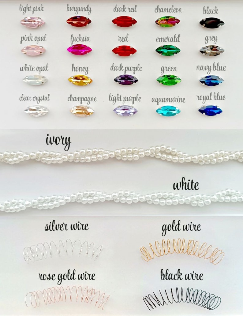 May include: A chart of different colored glass beads and pearl strands, with the words "ivory", "white", "silver wire", "gold wire", "rose gold wire", and "black wire" written below.
