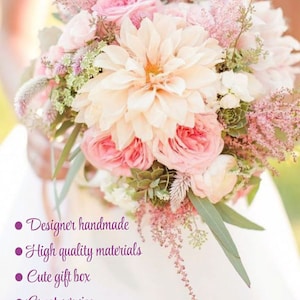 May include: A bridal bouquet with pink and white flowers, including roses, dahlias, and greenery. The bouquet is held by a bride in a white dress. The text "We'll take care of your Big day" is written below the bouquet.