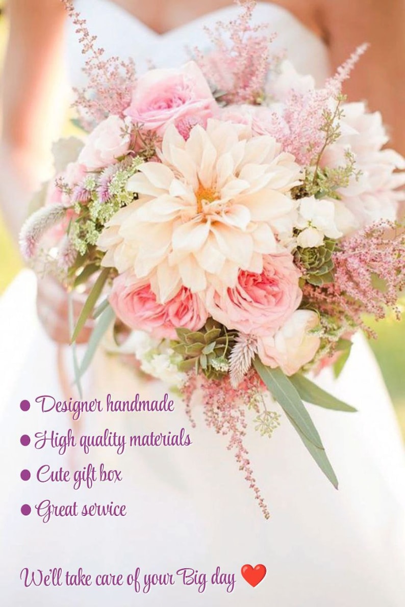 May include: A bridal bouquet with pink and white flowers, including roses, dahlias, and greenery. The bouquet is held by a bride in a white dress. The text "We'll take care of your Big day" is written below the bouquet.
