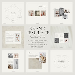 Può includere: Un modello digitale per Instagram con un tema di nutrizione. Il modello include 20 pagine con un design minimale ed è ideale per marchi o uso personale. Il modello presenta immagini di fichi, gruppi alimentari e citazioni ispiratrici sul benessere e le abitudini sane.