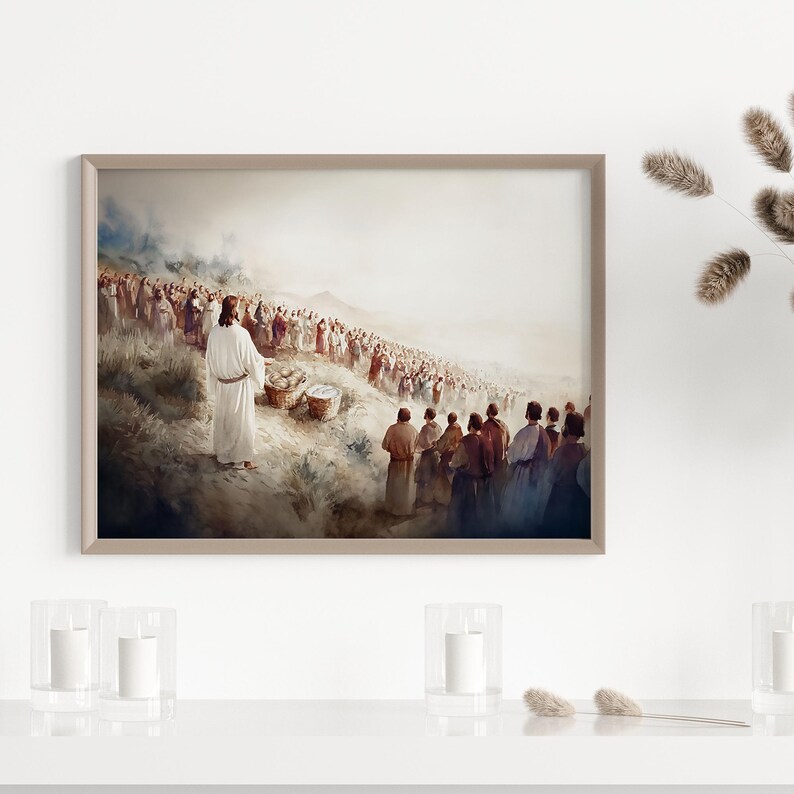 Jesus Feeds the 5000 Print, Christian Scripture Wall Art, Bible Verse ...
