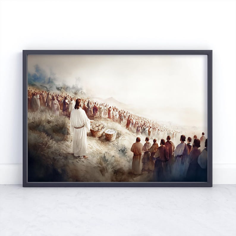 Jesus Feeds the 5000 Print, Christian Scripture Wall Art, Bible Verse ...