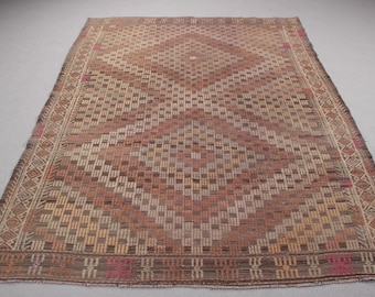 Turkish Kilim, Vintage Kilim, Large Kilim, Embroidered Anatolian Kilim, Rugs For Salon, 5.7x7.5 ft Green Kilim, Vintage Oushak Wool Rug,