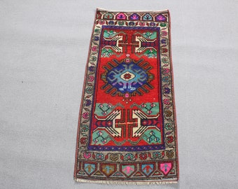 Turkish Rug, Vintage Rug, Small Rug, Antique Rug, Rugs For Bedroom, 1.6x3.4 ft Red Rug, Oriental Rugs, Handwoven Turkish Mini Rug,