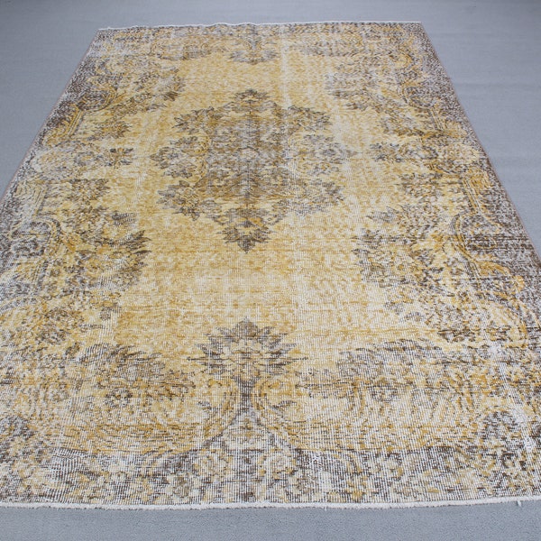 Vintage Rug, Large Rug, Turkish Rug, Anatolian Rug, Rugs For Dining Room, 5.7x9.3 ft Yellow Overdyed Rug, Wool Rugs, Large Oushak Rug,